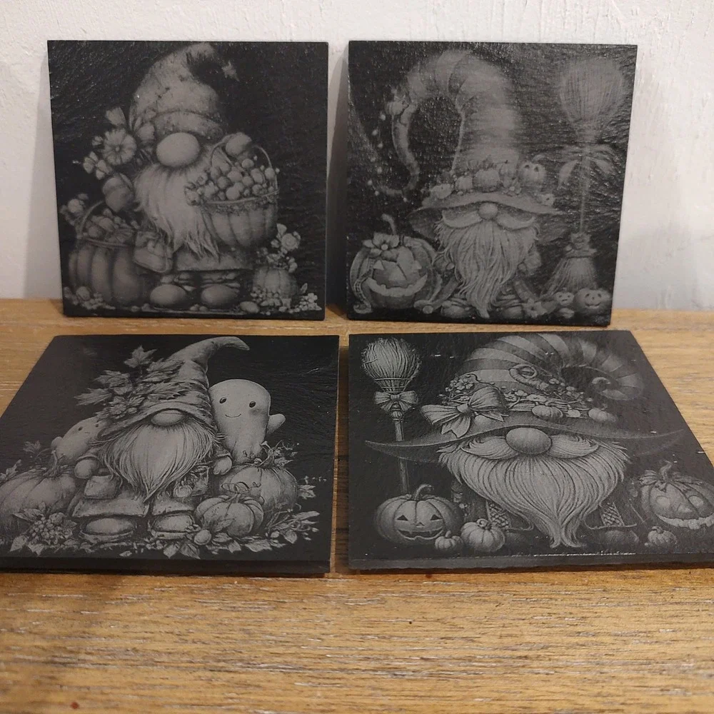Laser Engraved Slate Coasters Halloween Fall Gnome Holiday Theme Set Of 4